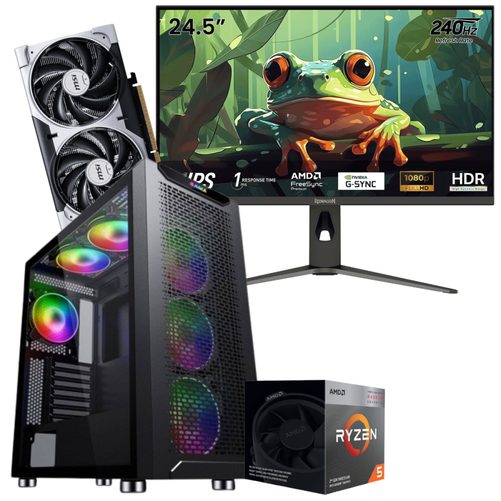 Setup Gamer Special Pc de Bureau Gaming / Ryzen 5 3400G / RTX 5060 8G / 16 Go Avec Écran Gaming Redragon 24.5" Full HD IPS / 240 Hz / Noir
