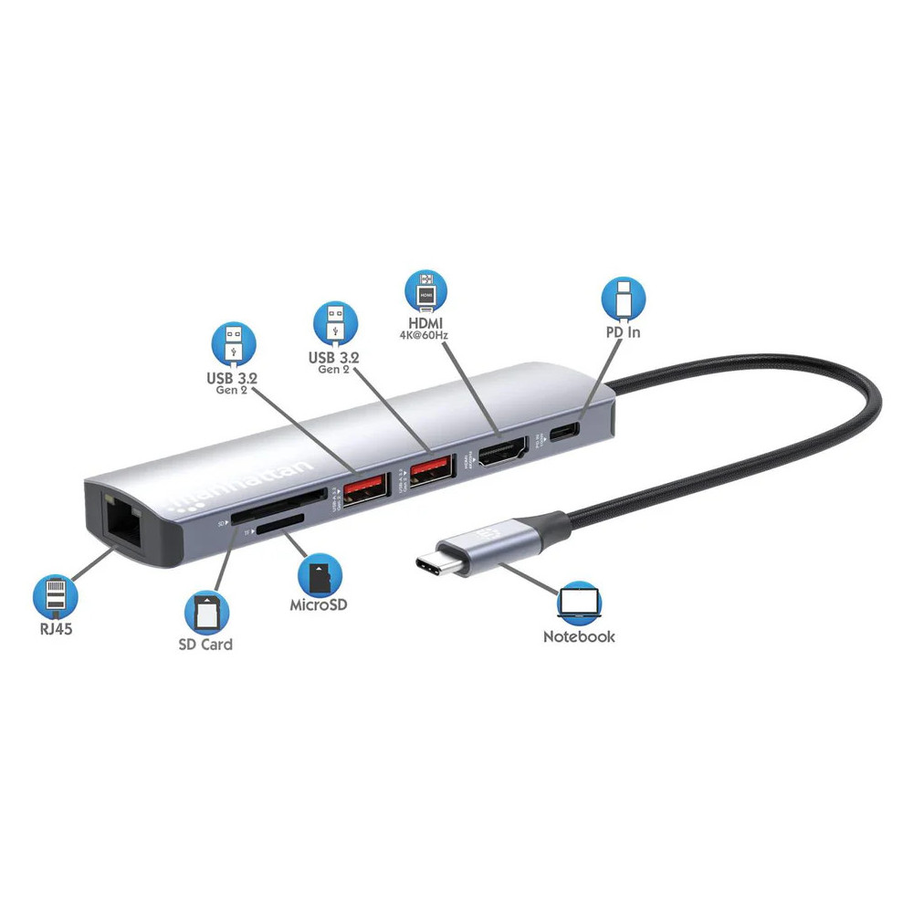 Station d'accueil Manhattan USB-C PD 7 en 1 4K / Hub multiport
