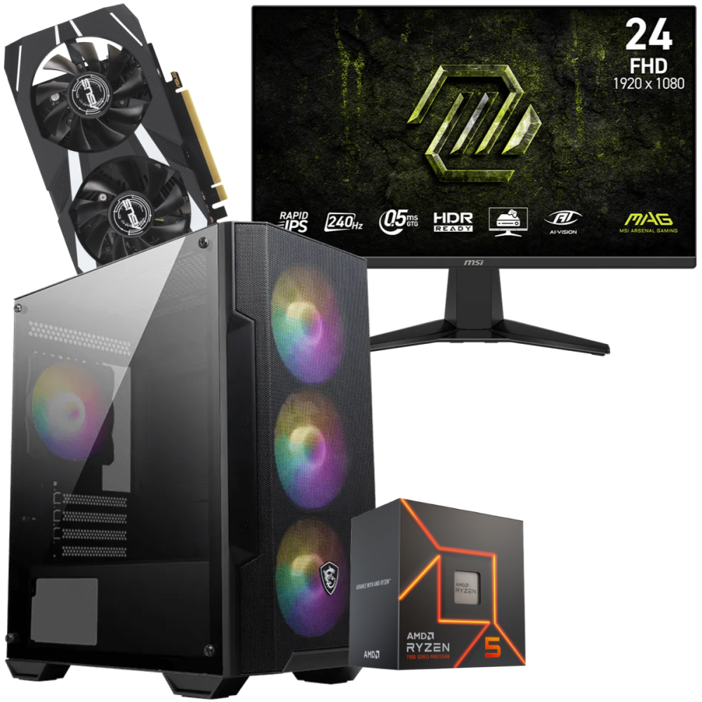 Setup Gamer Special Pc de Bureau Gaming / Ryzen 5 7500F / RTX 3050 6G / 16 Go Avec Écran Gaming MSI MAG 24" Full HD IPS / 240 Hz