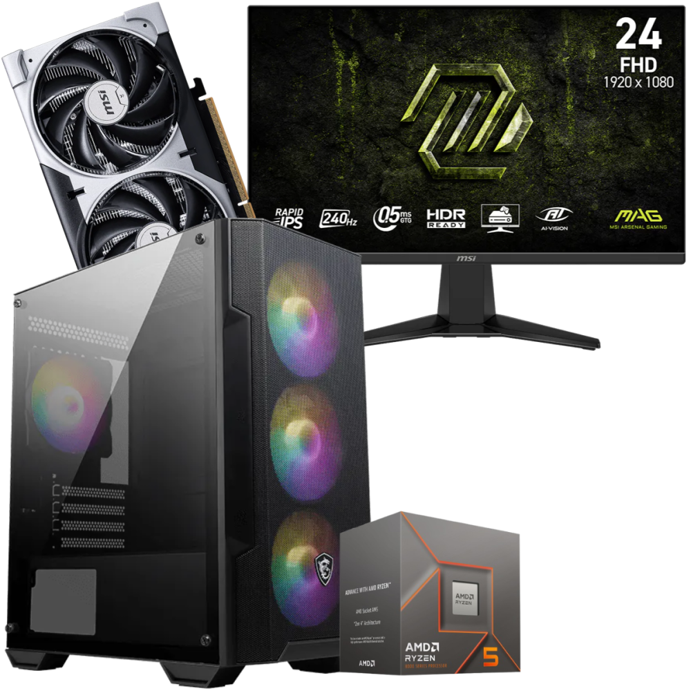 Setup Gamer Special Pc de Bureau Gaming / Ryzen 5 8400F / RTX 5050 8G / 16 Go DDR5 Avec Écran Gaming MSI MAG 24.5" Full HD IPS / 200 Hz