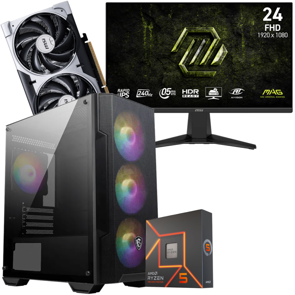 Setup Gamer Special Pc de Bureau Gaming / Ryzen 5 7600X / RTX 5050 8G / 16 Go DDR5 Avec Écran MSI 24" Full HD IPS / 240 Hz
