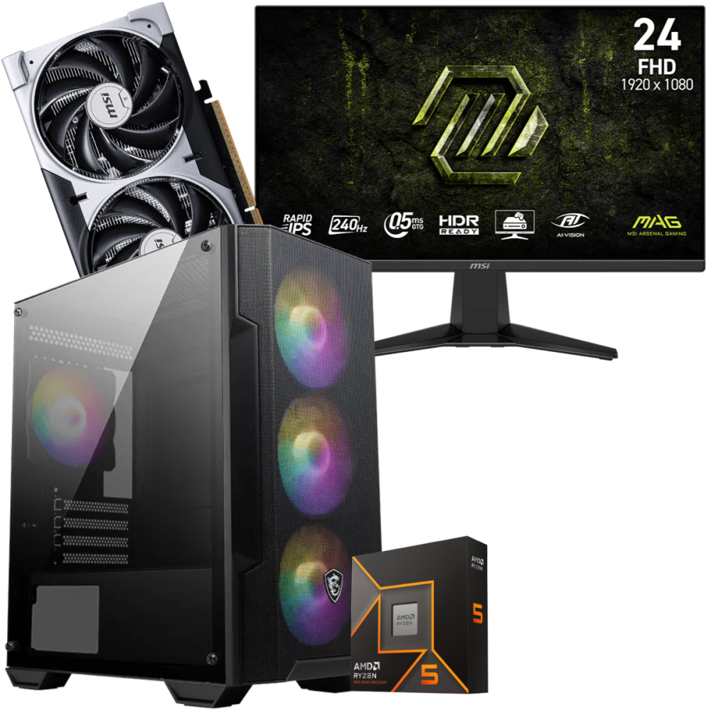 Setup Gamer Special Pc de Bureau Gaming / Ryzen 5 9600X / RTX 5050 8G / 16 Go DDR5 Avec Écran MSI 24" Full HD IPS / 240 Hz