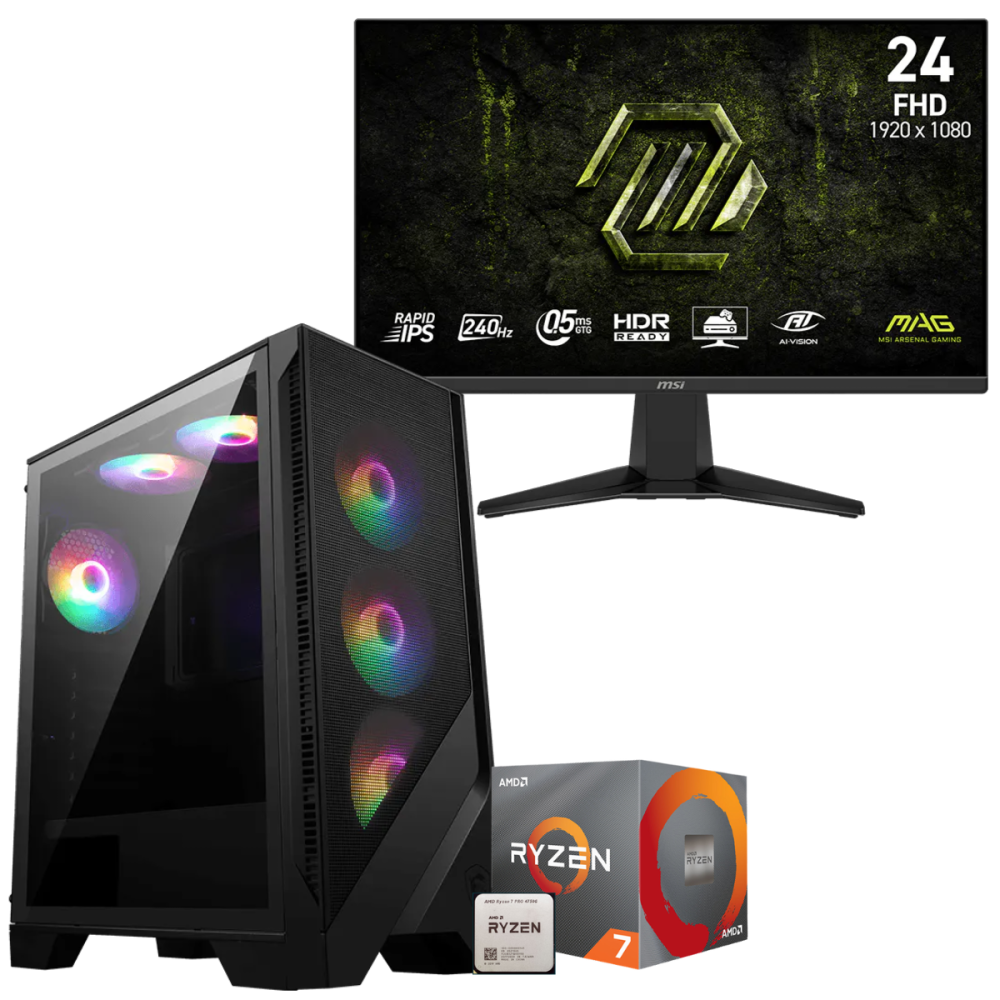 Setup Gamer Special Pc de Bureau Gaming / Ryzen 7 PRO 4750GE / Vega 8 / 16 Go Avec Écran Gaming MSI 24" Full HD IPS / 240 Hz