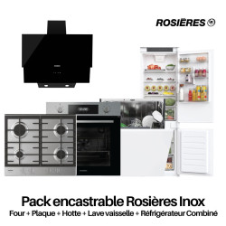 Pack encastrable Rosières Inox: Four + Plaque + Hotte + Lave vaisselle + Réfrigérateur Combiné