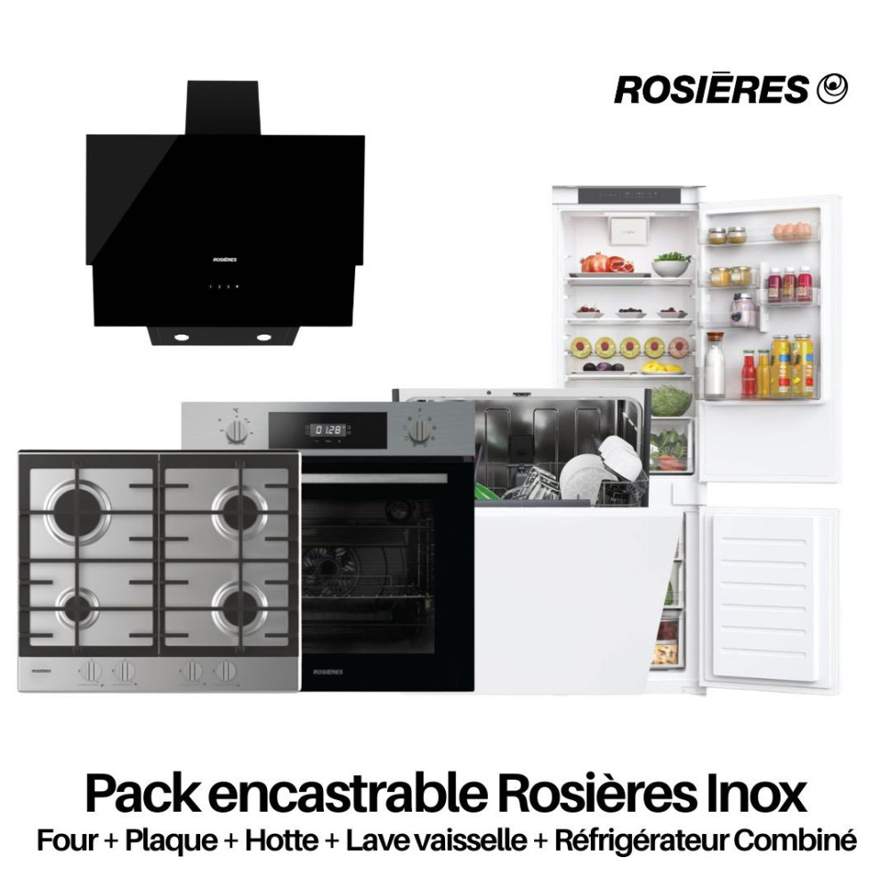 Pack encastrable Rosières Inox: Four + Plaque + Hotte + Lave vaisselle + Réfrigérateur Combiné