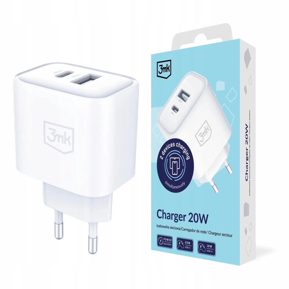 Chargeur 3mk PD 20W- 02 ports USB C et USB A / blanc
