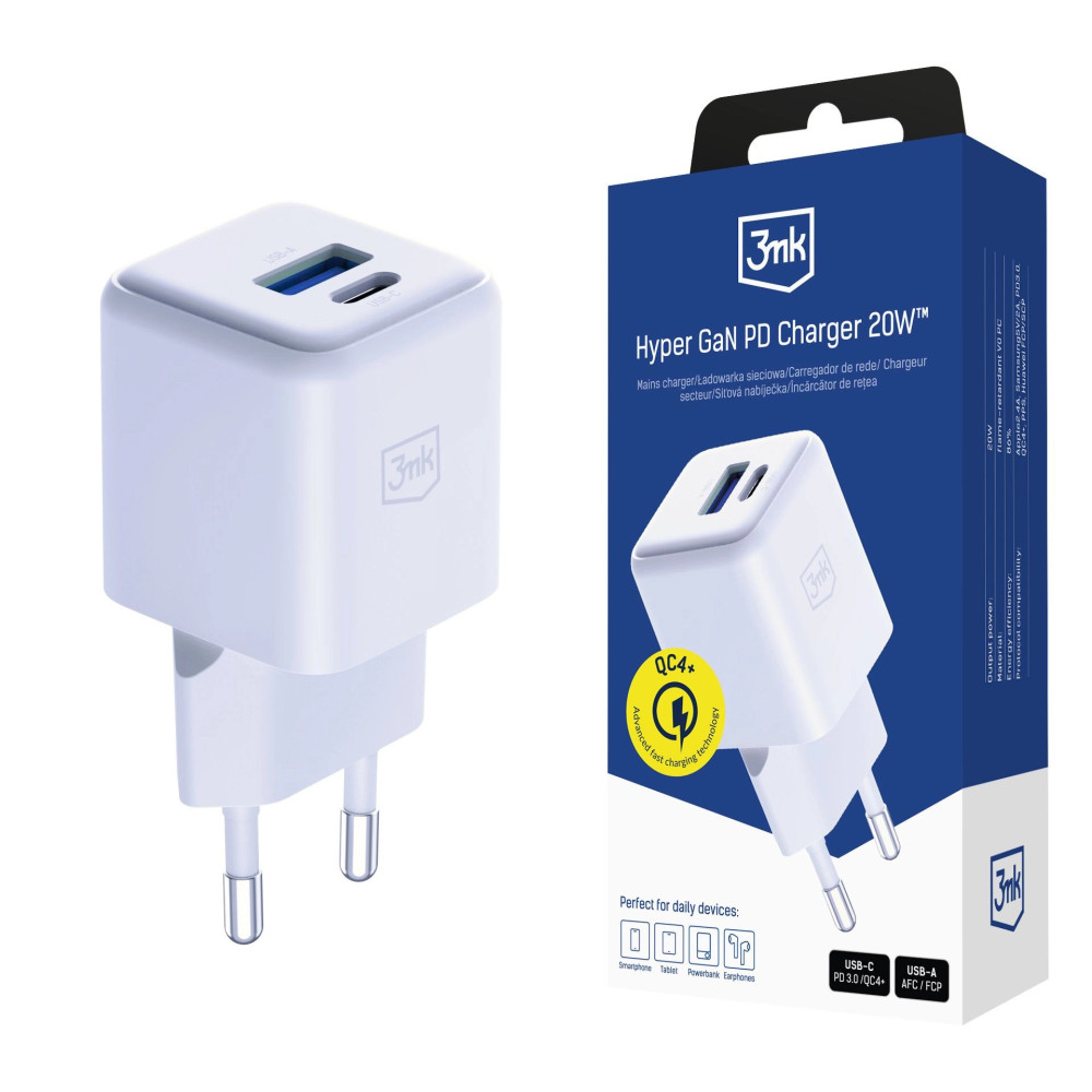 Chargeur mural 3mk Hyper GaN 20 W QC4+ PD PPS USB-C USB-A / blanc