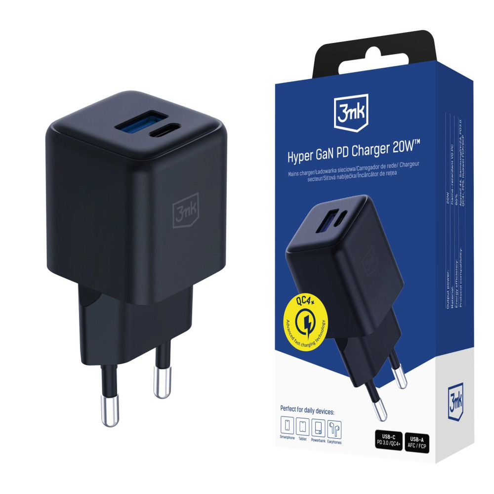 Chargeur mural 3mk Hyper GaN 20 W QC4+ PD PPS USB-C USB-A / Noir
