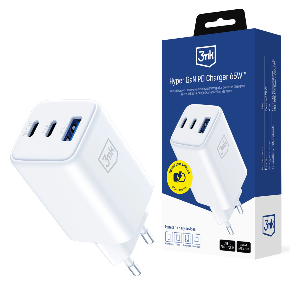 Chargeur mural USB-C/USB-A 3mk Hyper GaN PD 65W / blanc