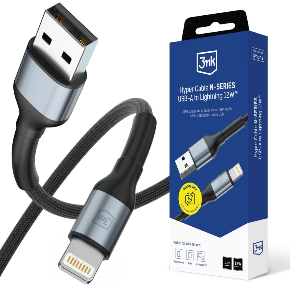 Câble 3mk Hyper Series N USB-A vers Lightning / 1m / 5 V/2,4 A 12 W / Noir