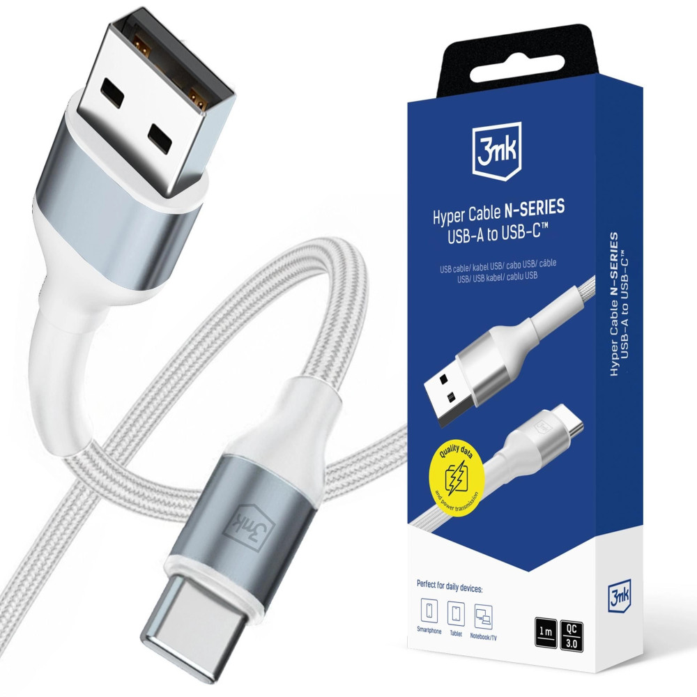 Câble 3mk Hyper série N USB-A vers USB-C / 1 m / QC 3.0 9 V/2 A 18 W / Blanc