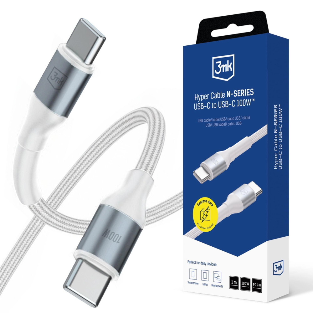Câble 3mk Hyper Cable série N USB-C vers USB-C / 1 m / PD 3.0 QC 3.0 20 V/5 A