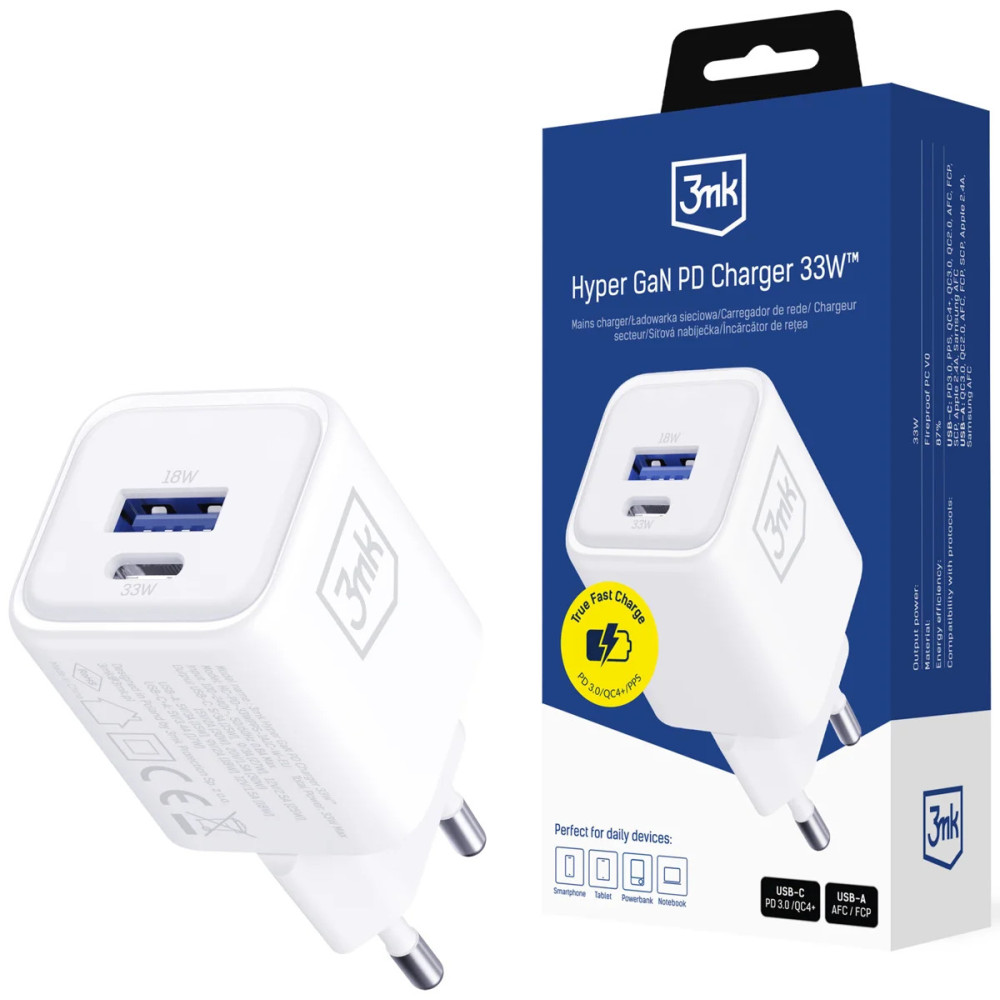 Chargeur 3mk Hyper Charger PD 33W GaN QC4+ PPS AFC FCP SCP 1A1C / Blanc