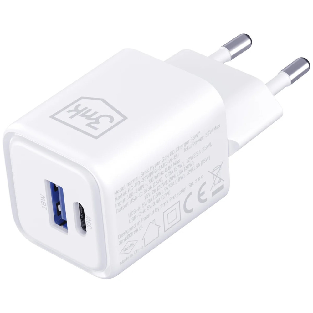 Chargeur 3mk Hyper Charger PD 33W GaN QC4+ PPS AFC FCP SCP 1A1C / Blanc