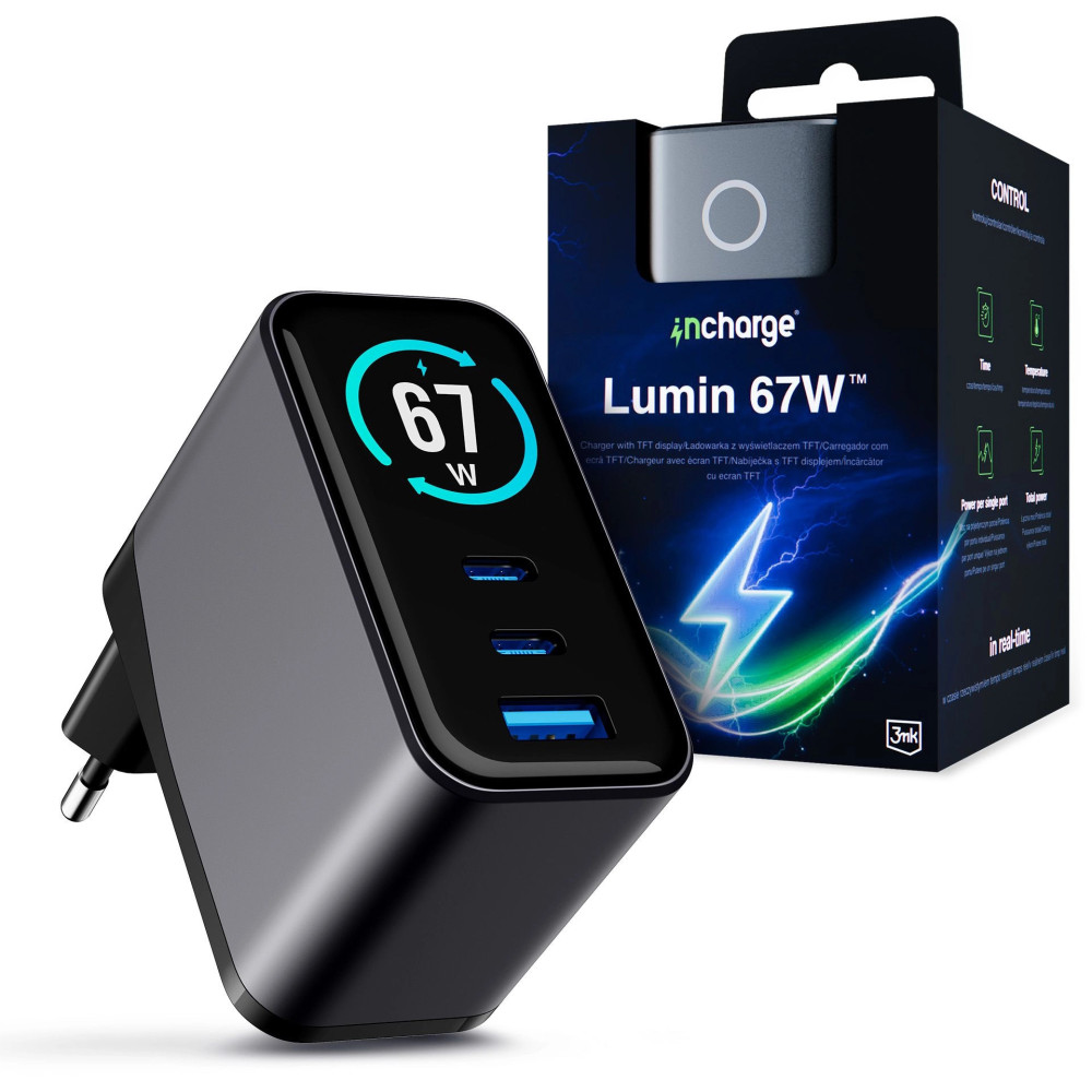 Chargeur mural 3mk incharge Lumin / avec écran TFT QC 4+ PPS / 67W  / Noir