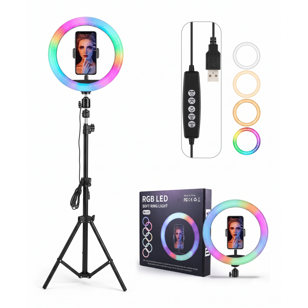 Selfie Ring Light 360° + tripode  / RGB / Noir