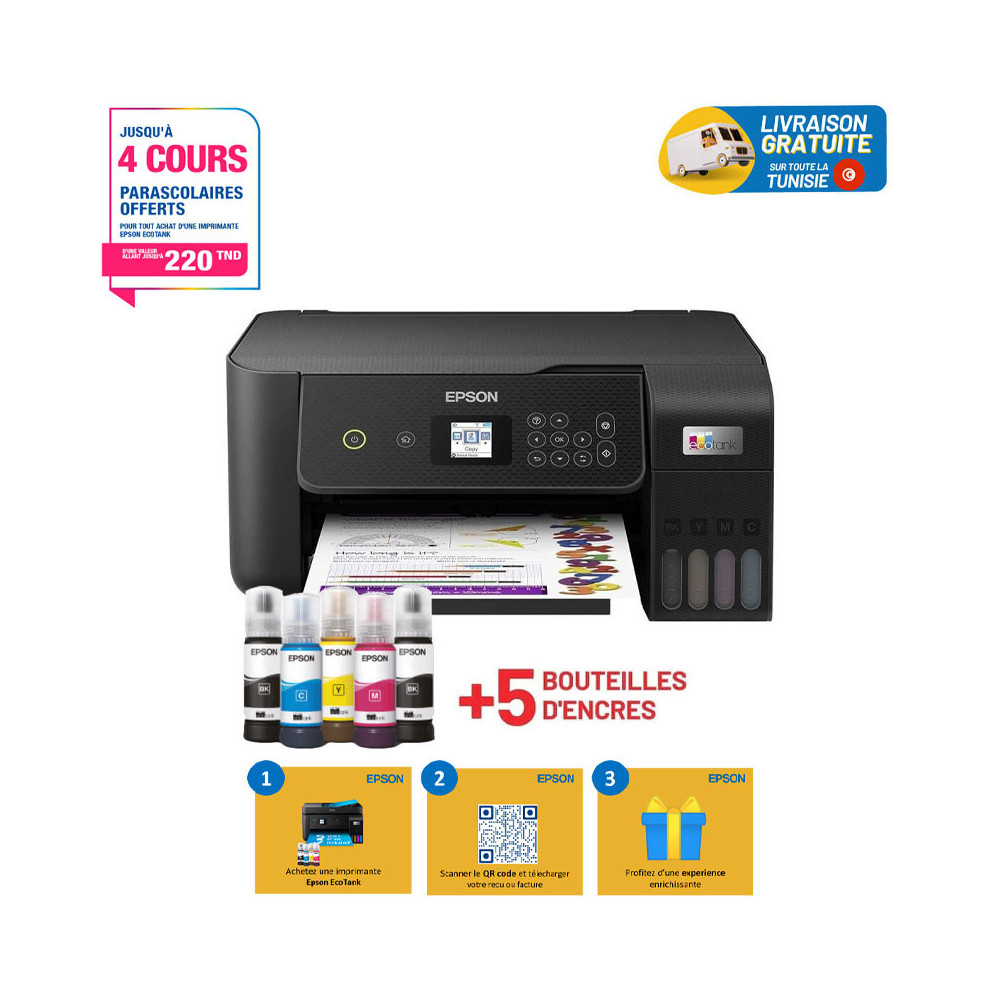 Imprimante Multifonction à réservoir intégré 3en1 couleur A4 Epson ECOTANK L3260 / USB & WIFI