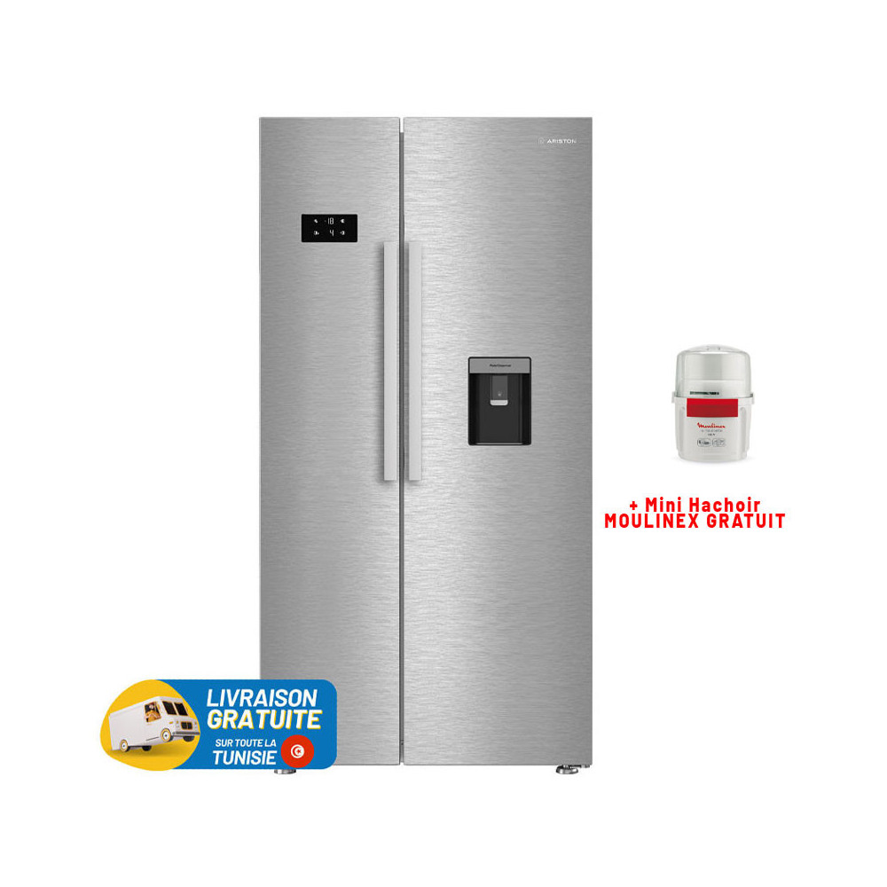 RÉFRIGÉRATEUR ARISTON No Frost  SIDE BY SIDE 630 Litres / inox avec Afficheur et Distributeur d'eau
