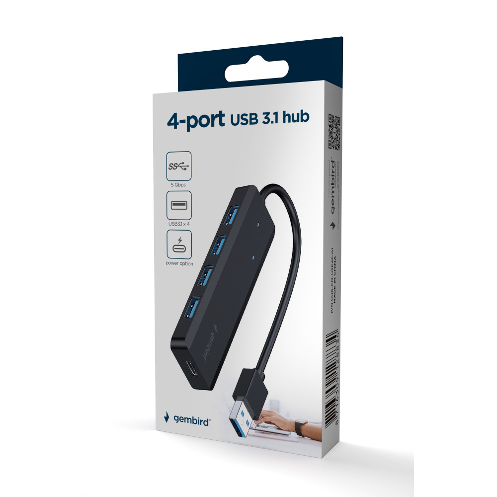 Hub USB Gembird  3.2 Gen 1 / 4 ports / Noir