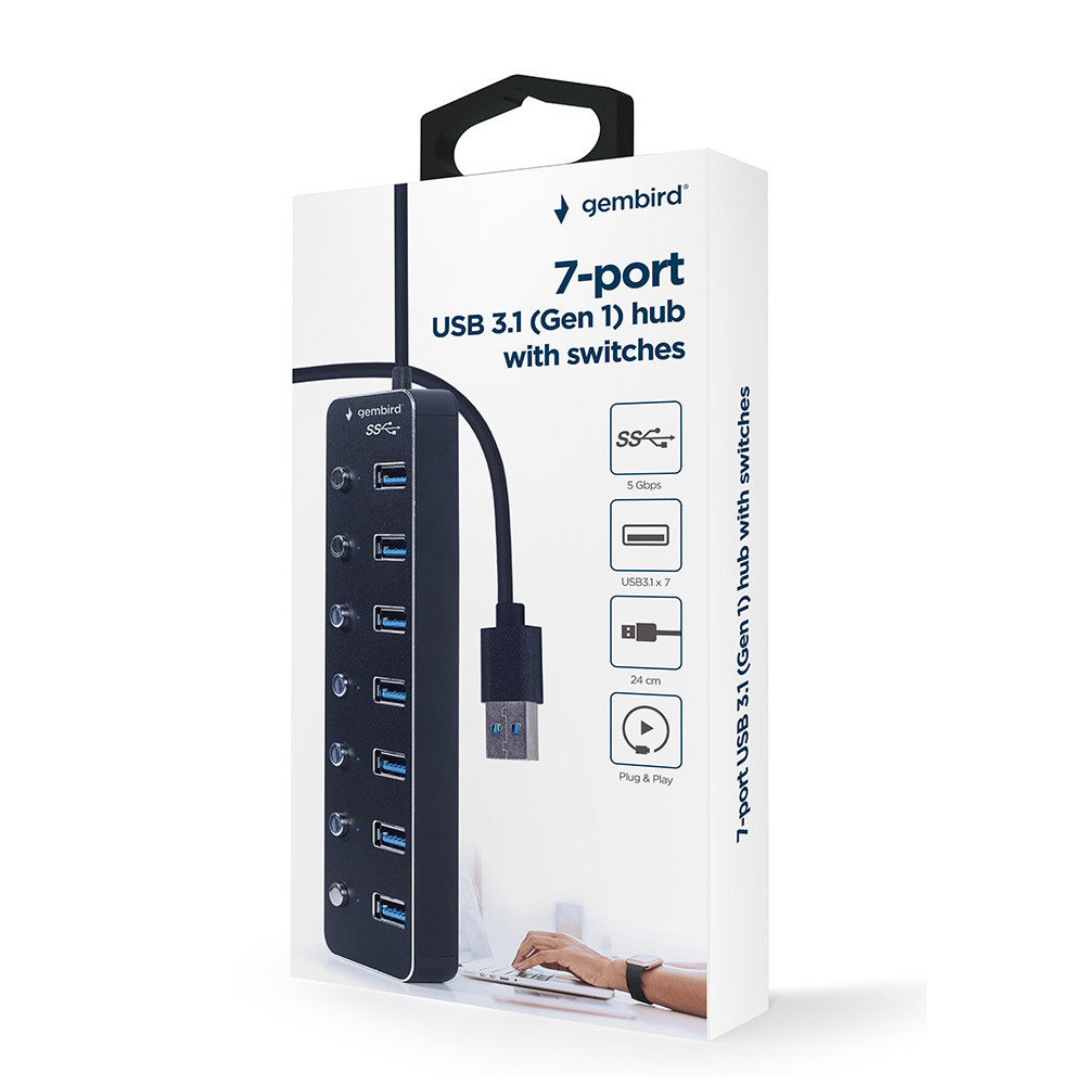 Hub USB GEMBIRD 3.2 Gen 1 / 7 ports avec interrupteurs / Noir