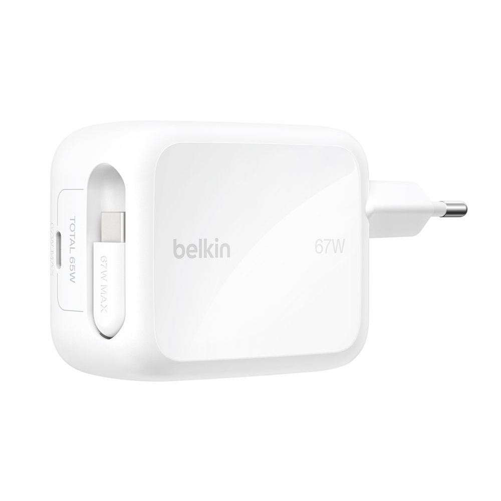 Chargeur secteur Belkin GaN avec câble rétractable 67W / Blanc