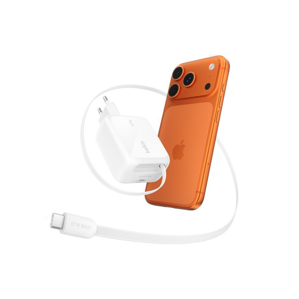 Chargeur secteur Belkin GaN avec câble rétractable 67W / Blanc