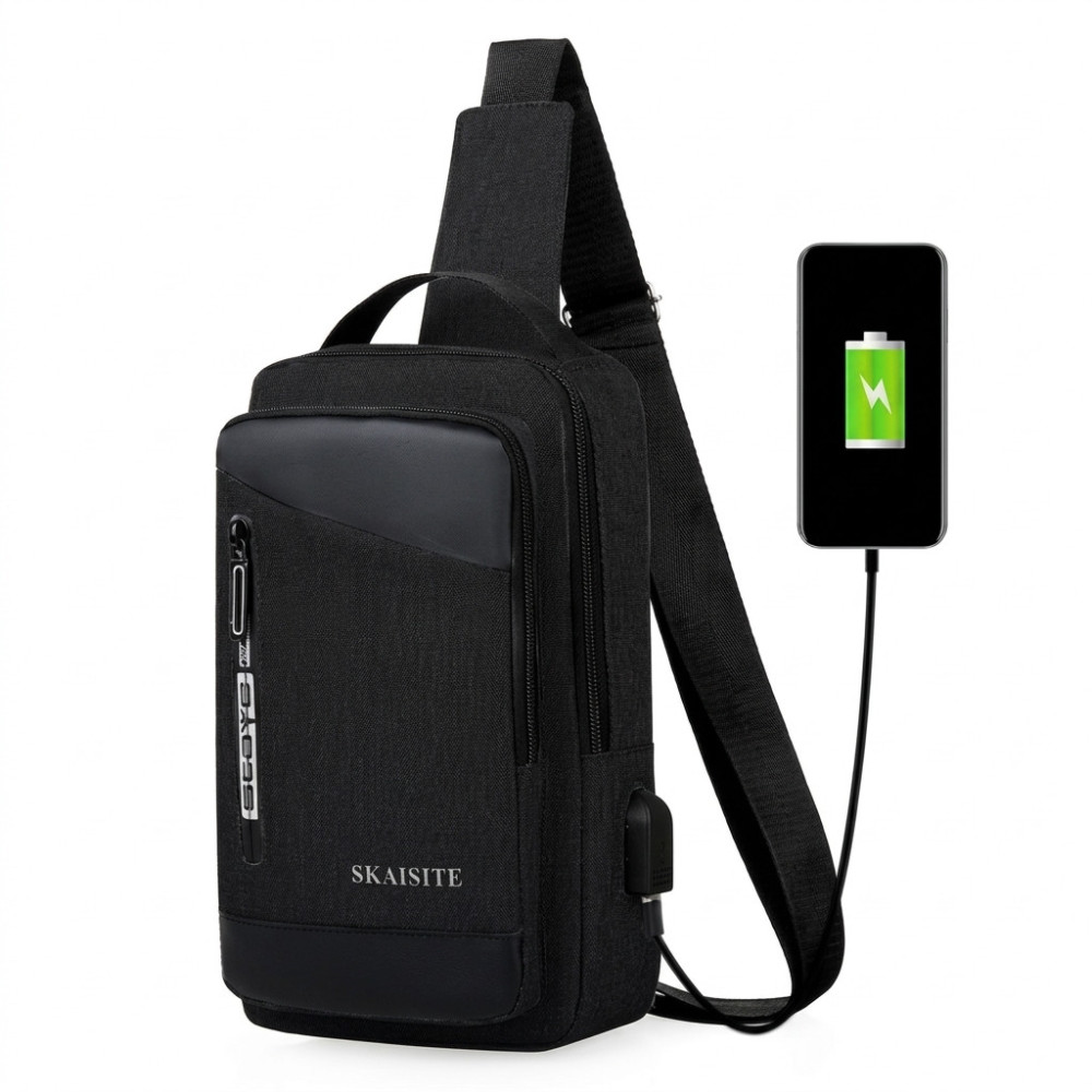 Sac à Dos Monobretelle Anti-Vol Compact + port USB / Noir