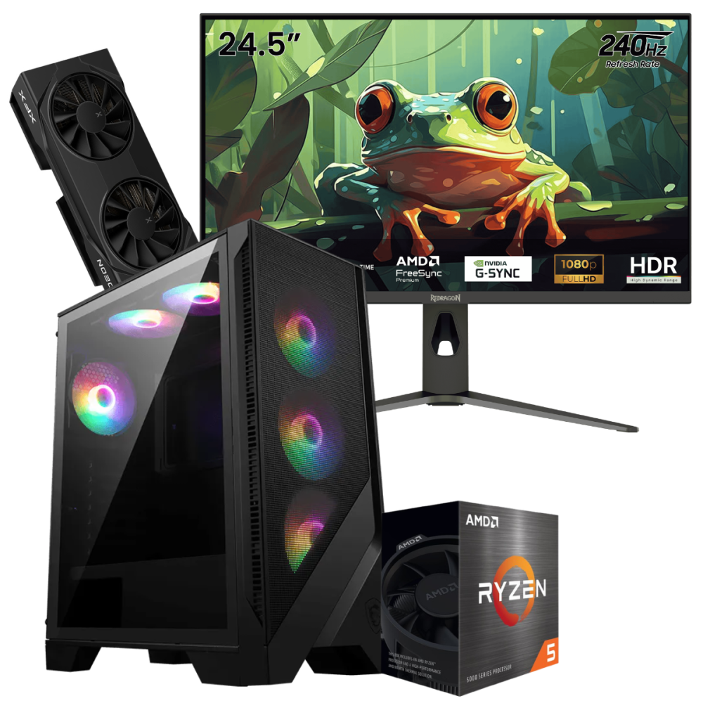 Setup Gamer Special Pc de Bureau Gaming / Ryzen 5 5600 / RX 9060 8G / 16 Go Avec Écran Gaming Redragon 24.5" Full HD IPS / 240 Hz