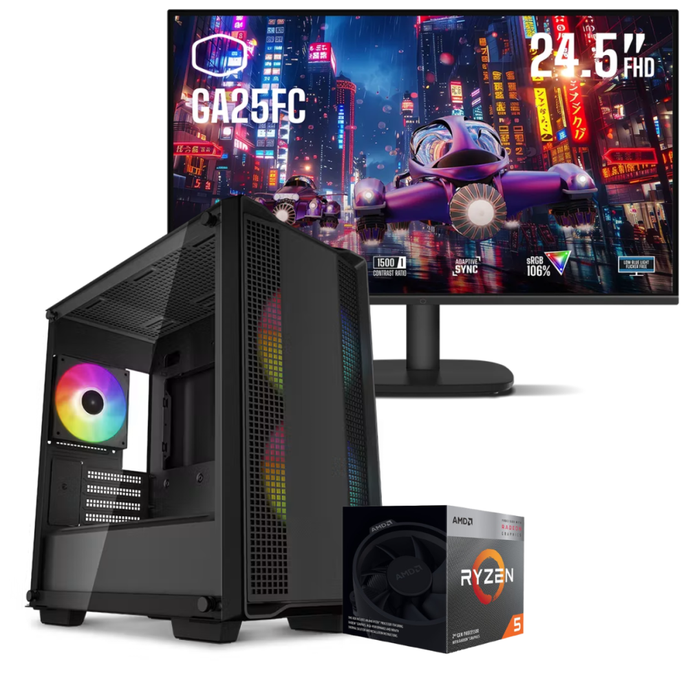 Setup Gamer Special Pc de Bureau Gaming / Ryzen 5 3400G / Vega 11 / 16 Go Avec Écran Gaming Cooler Master 24.5" Full HD IPS / 120 Hz
