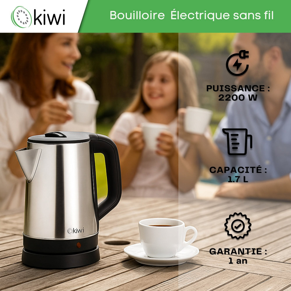 BOUILLOIRE KIWI ÉLECTRIQUE SANS FIL / 2200W / 1.7 L / INOX