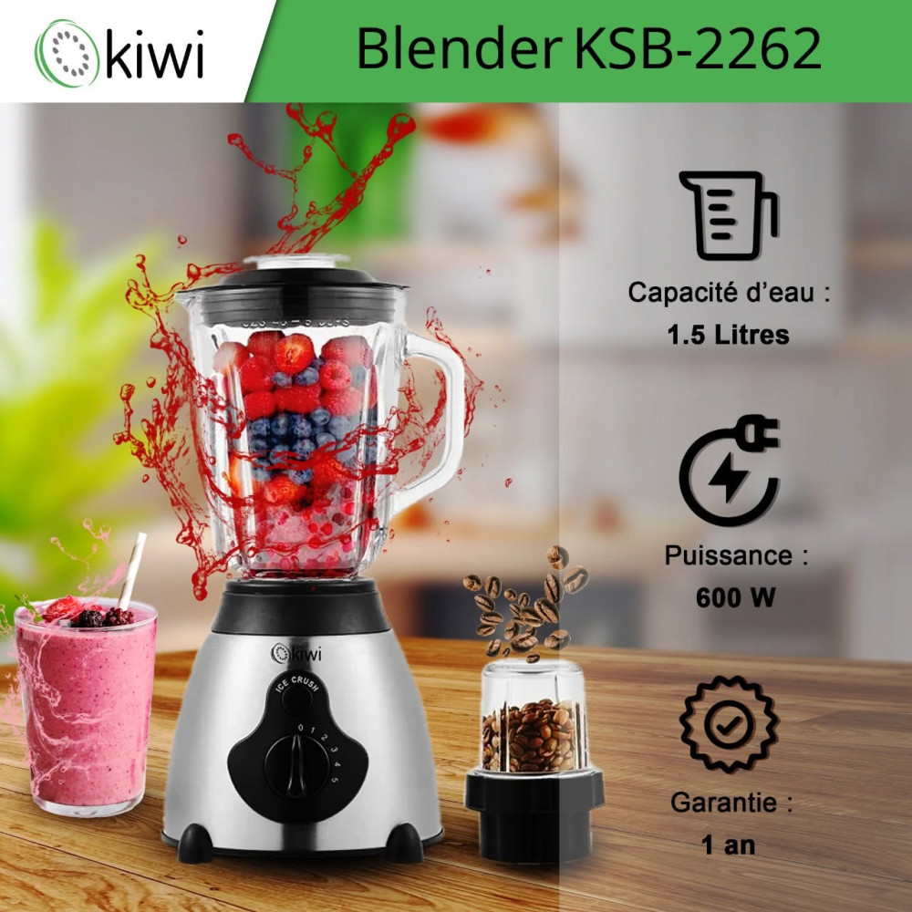 Blender Kiwi EN VERRE 1.5L / 600W / AVEC MOULIN / Blanc / KSB-2262