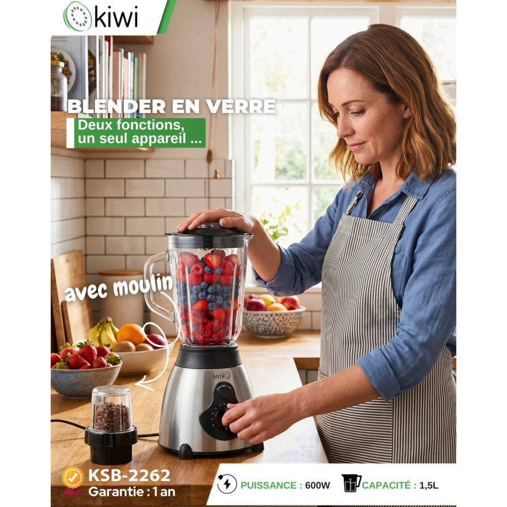 Blender Kiwi EN VERRE 1.5L / 600W / AVEC MOULIN / Blanc / KSB-2262