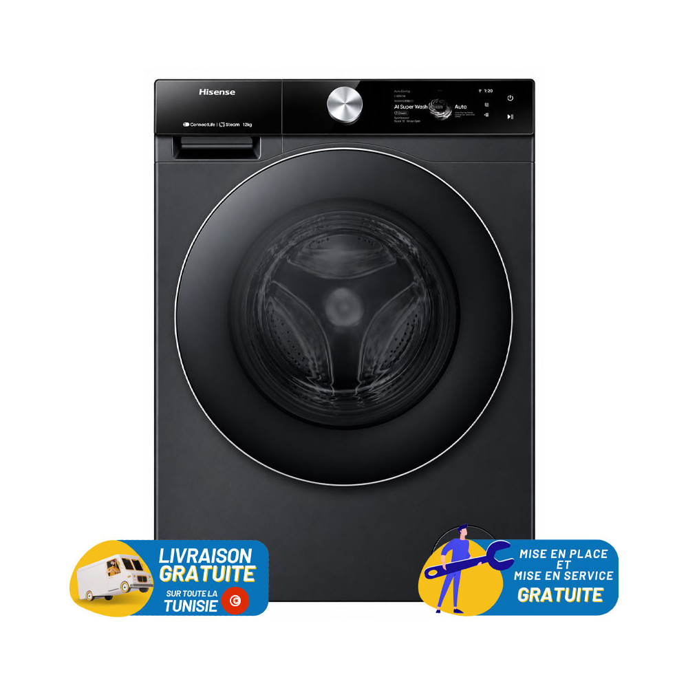 LAVE LINGE HISENSE 12KG Inverter smart Steam 1400tr / WF7S1247BB / Noir