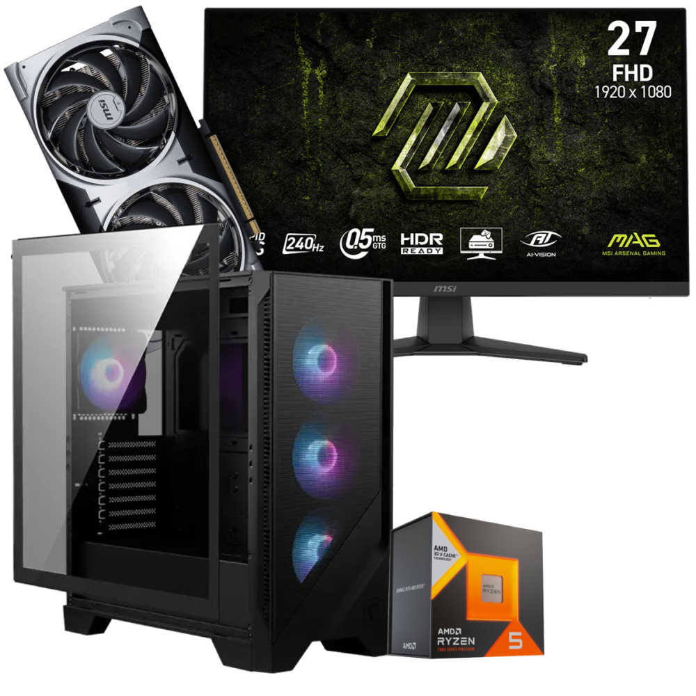 Setup Gamer Special Pc de Bureau Gaming / Ryzen 5 7500X3D / RTX 5070 12G / 32 Go DDR5 Avec Écran Gaming MSI 27" Full HD IPS / 240 Hz / Noir