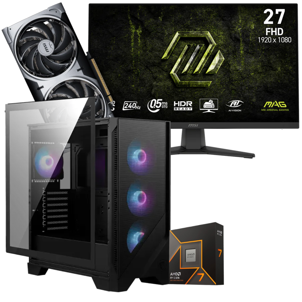Setup Gamer Special Pc de Bureau Gaming / Ryzen 7 9700X / RTX 5070 12G / 32 Go DDR5 Avec Écran Gaming MSI 27" Full HD IPS / 240 Hz / Noir