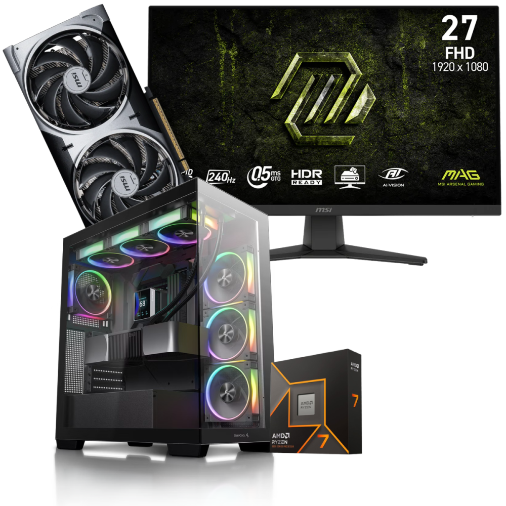 Setup Gamer Special Pc de Bureau Gaming / Ryzen 7 9700X / RTX 5070 12G / 32 Go DDR5 Avec Écran Gaming MSI 27" Full HD IPS / 240 Hz / Noir