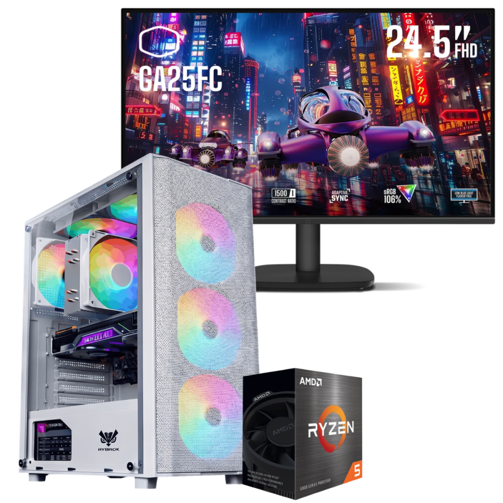 Setup Gamer Special Pc de Bureau Gaming / Ryzen 5 5600GT / Vega 7 / 16 Go Avec Écran Gaming Cooler Master 24.5" Full HD IPS / 120 Hz