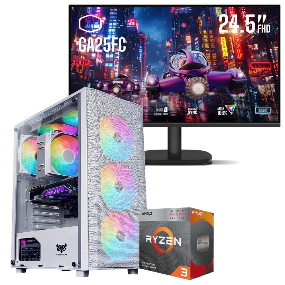 Setup Gamer Special Pc de Bureau Gaming / Ryzen 3 3200G / Vega 8 / 16 Go Avec Écran Gaming Cooler Master 24.5" Full HD IPS / 120 Hz
