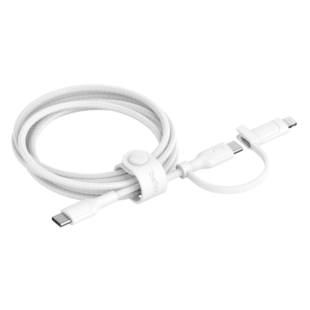 Câble BELKIN 2en-1 BoostCharge Pro avec Connecteurs USB-C et Lightning / Blanc