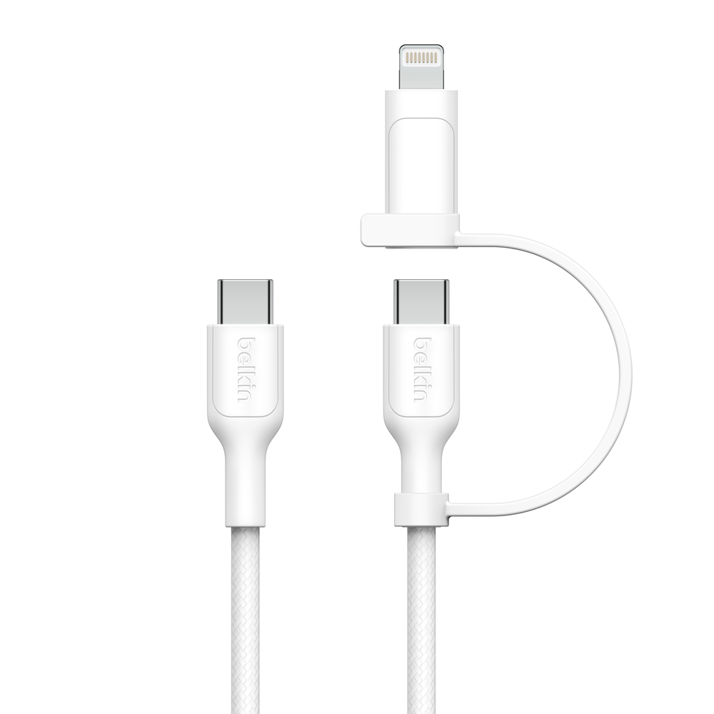 Câble BELKIN 2en-1 BoostCharge Pro avec Connecteurs USB-C et Lightning / Blanc