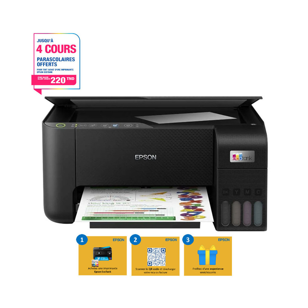 Imprimante Multifonction à réservoir intégré 3en1 couleur Epson ECOTANK L3251 / WiFi + 5 Bouteilles d'encre Epson Incluses