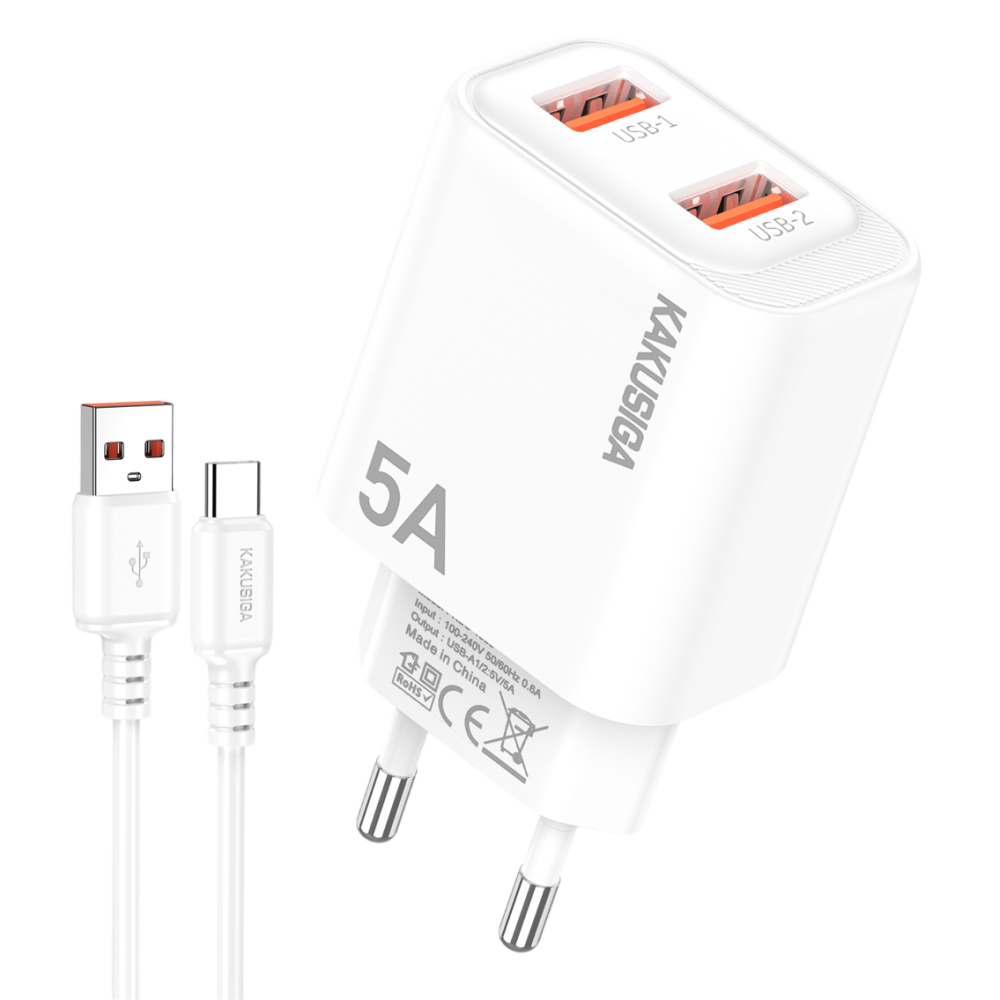 Chargeur KAKUSIGA KSC-1684 Avec Câble Type C / 2x Ports USB / Blanc