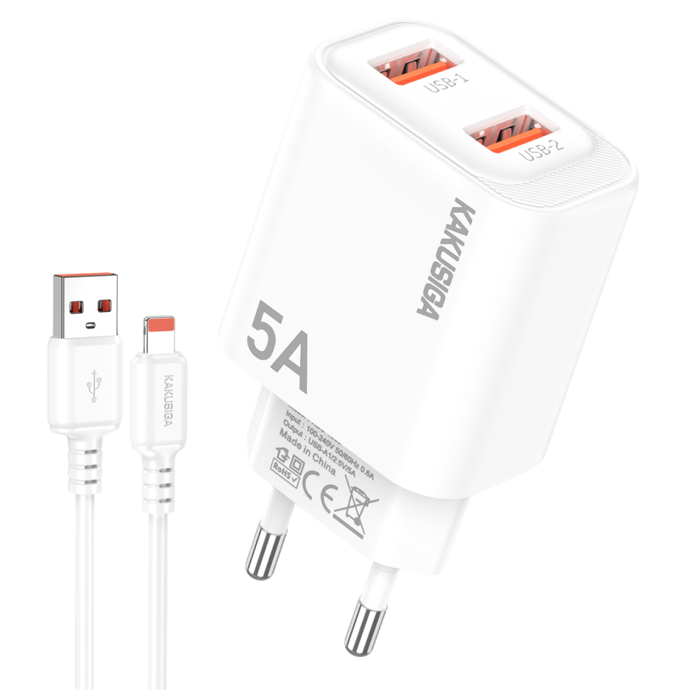 Chargeur KAKUSIGA KSC-1684 Avec Câble Lightning / 2x Ports USB / Blanc