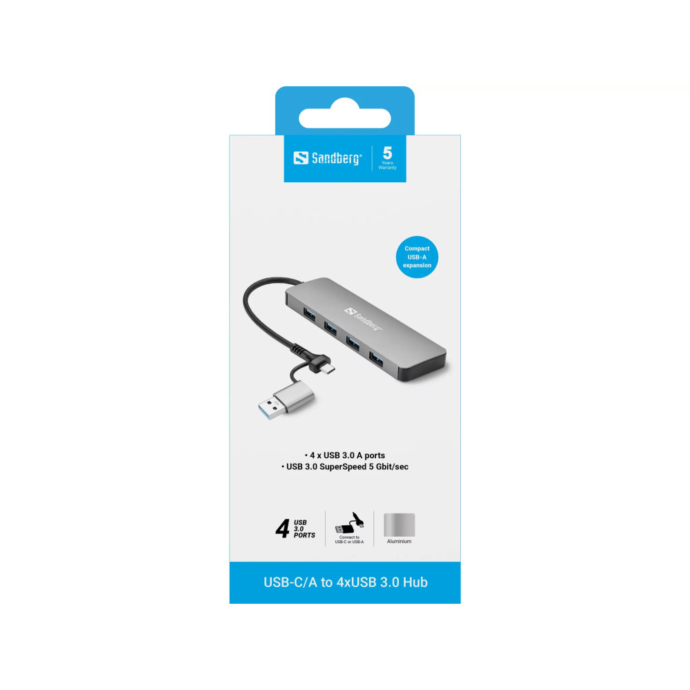 SANDBERG HUB USB-C/A | 4x USB 3.0 | Blanc