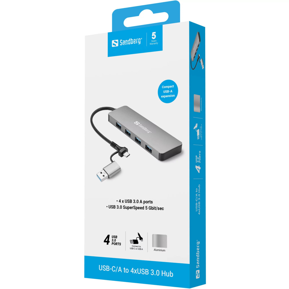 SANDBERG HUB USB-C/A | 4x USB 3.0 | Blanc