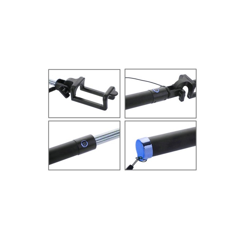 Perche télescopique selfie avec bouton intégré Bleu