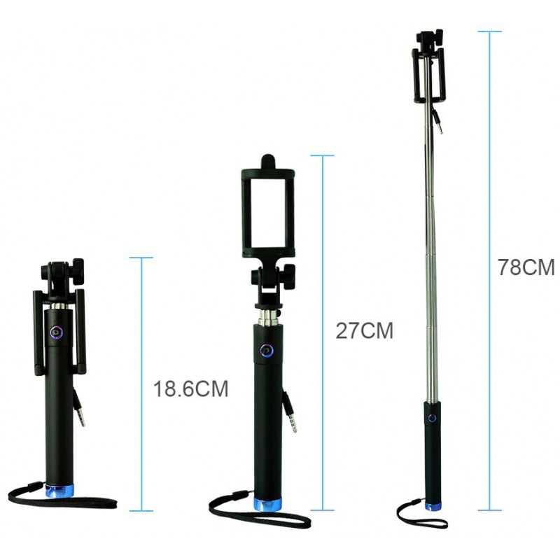 Perche télescopique selfie avec bouton intégré Bleu
