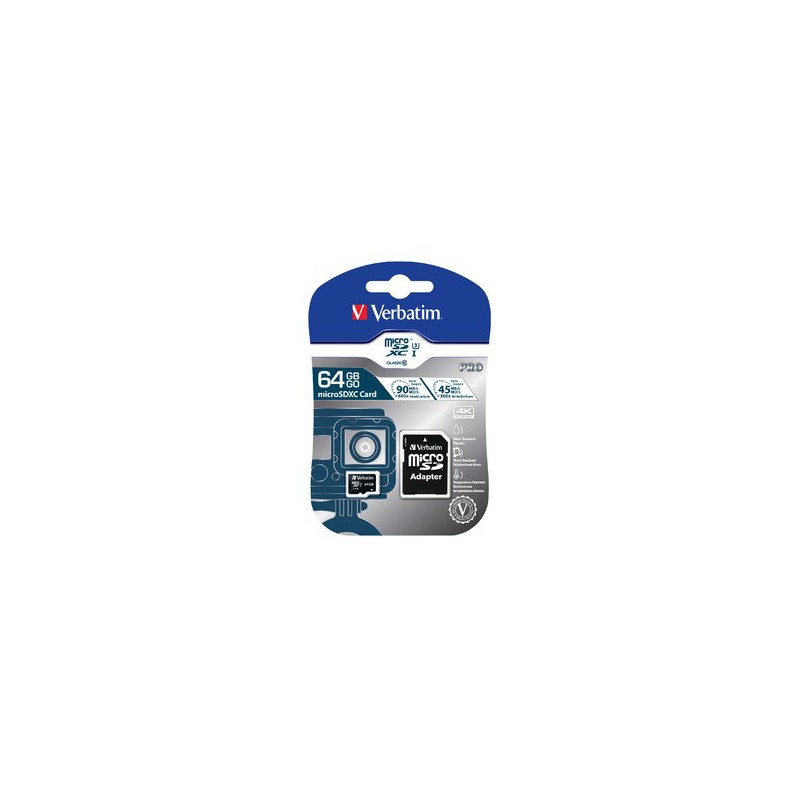 Carte Mémoire Verbatim Pro U3 Micro SDHC 64 Go Class 10 avec Adaptateur