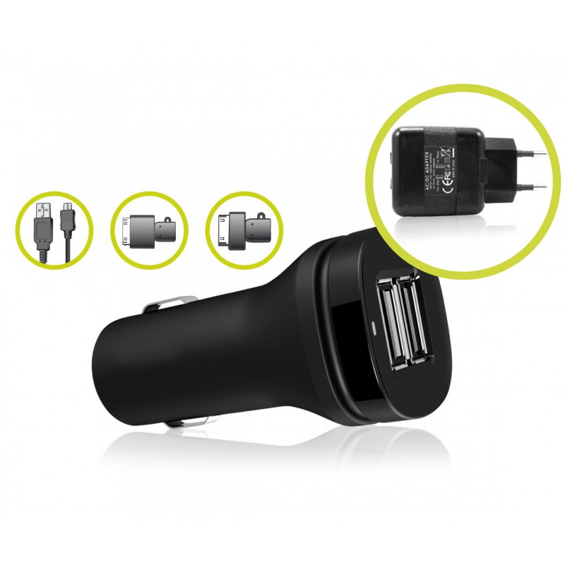 Pack Ksix: Chargeur Allume Cigare + Adaptateur secteur + Câble + Connecteur