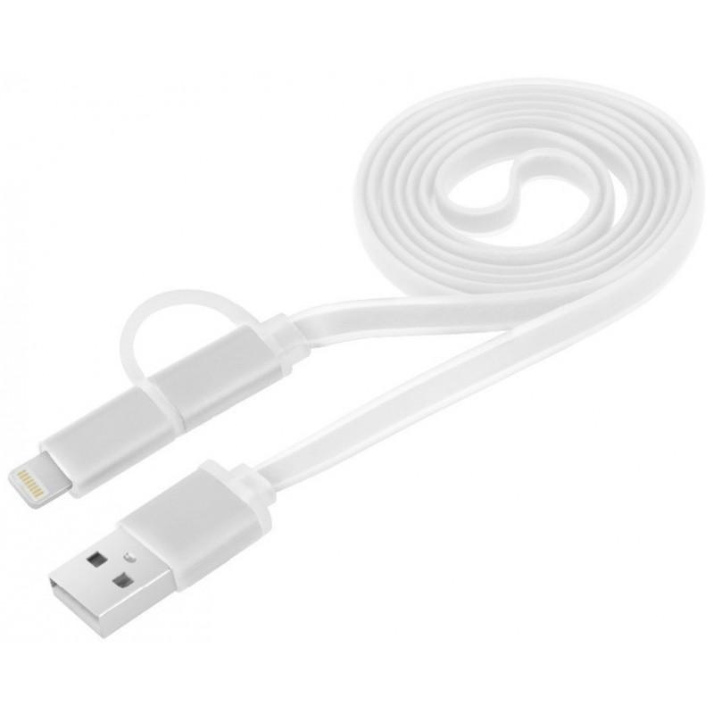 Câble plat CLiPtec LUMILUX 2 en 1 USB vers Micro-USB/Lightning / Blanc